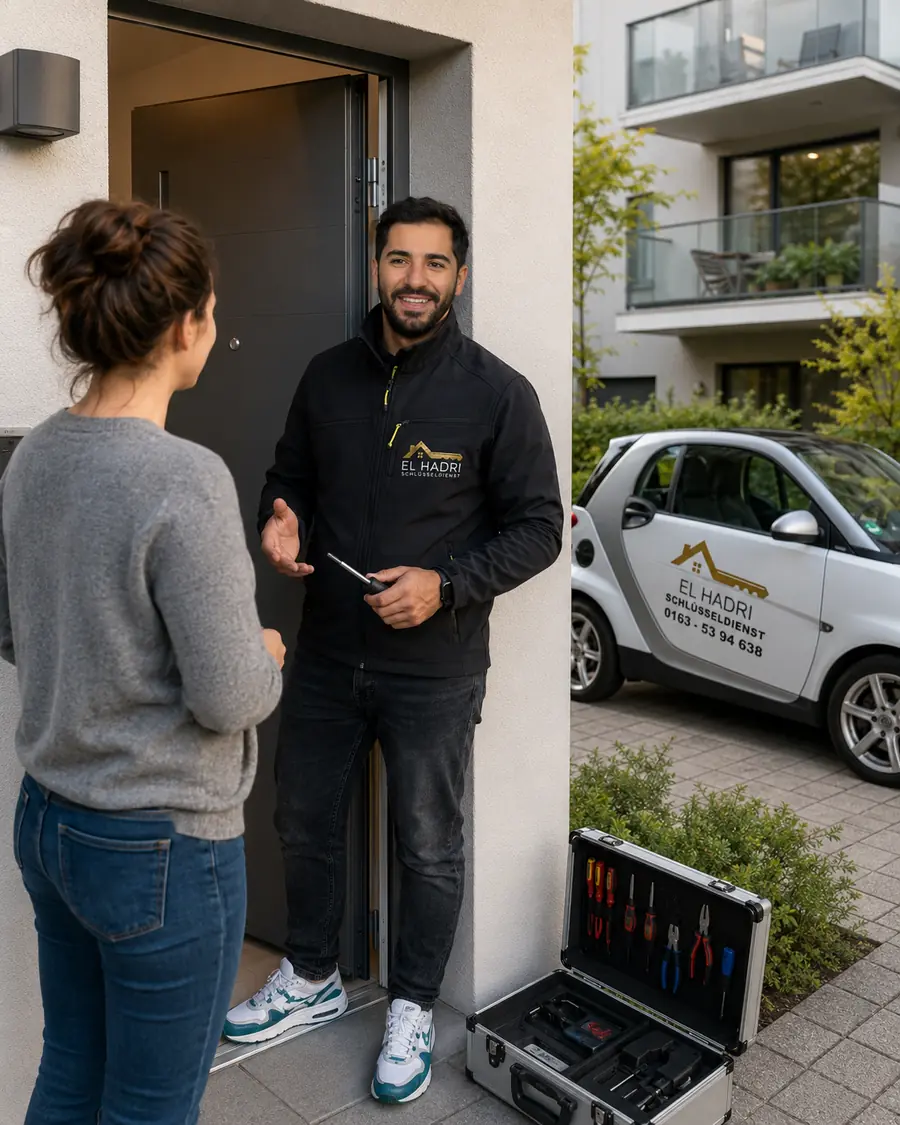 Ein Monteur erklärt einer Kundin vor der Haustür das weitere Vorgehen, daneben steht der geöffnete Werkzeugkoffer.