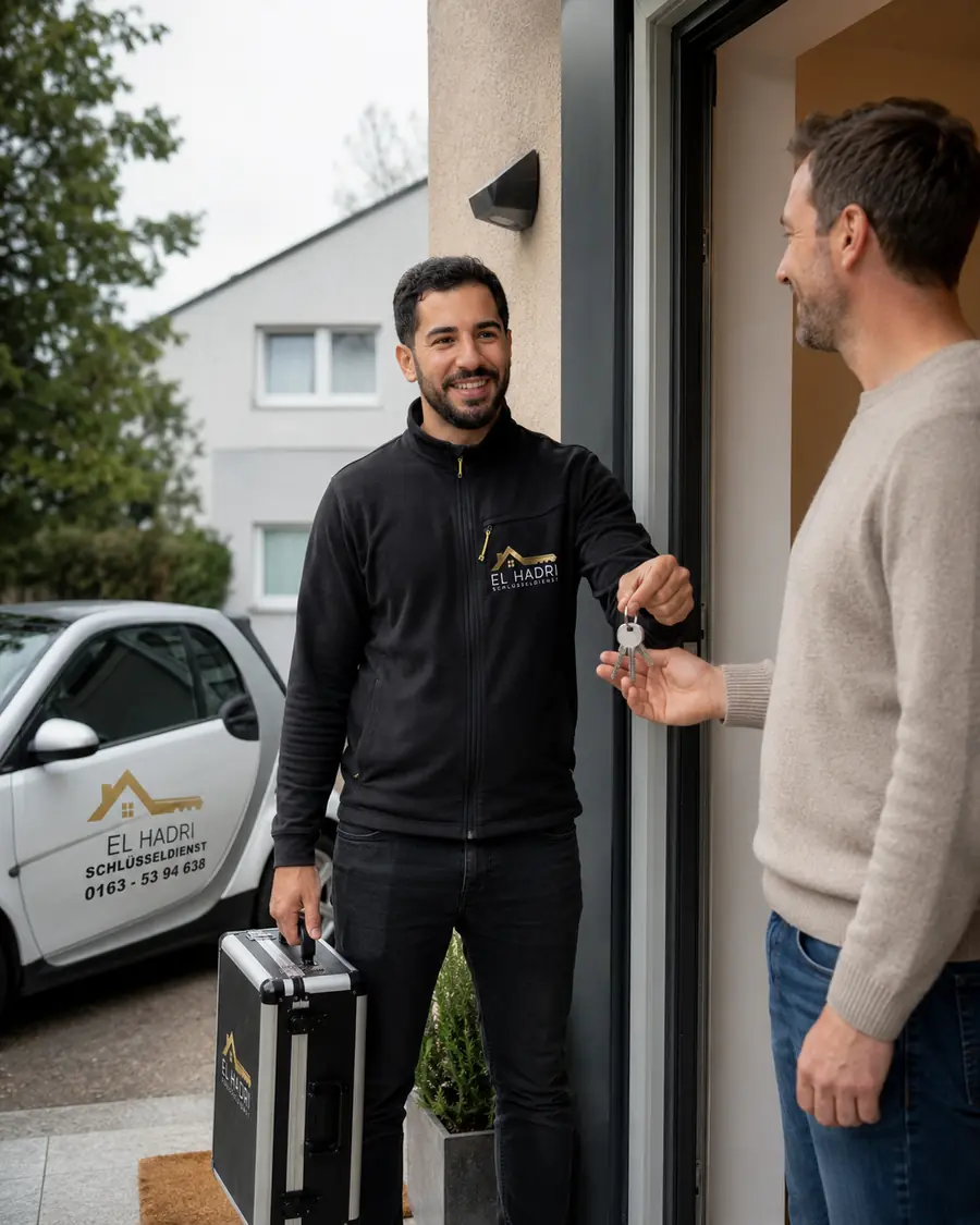Ein Monteur übergibt einem Kunden an der geöffneten Wohnungstür den Schlüsselbund.